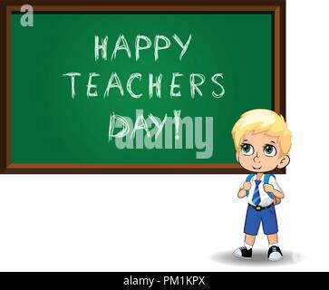 Happy teachers day greeting card clip art with cute cartoon school boy wearing uniform and backpack near chalckboard on white. Vector illustration of  Stock Vector