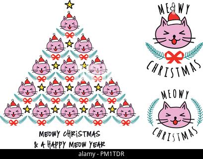 Christmas tree with cat faces, cute kawaii vector illustration for Christmas cards Stock Vector