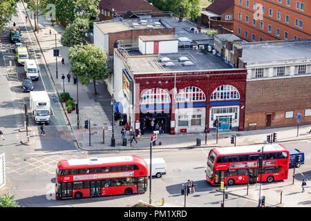 London England,UK,South Bank,Lambeth North Underground Station train Tube subway tube,front entrance,street traffic,double-decker bus,overhead view,UK Stock Photo