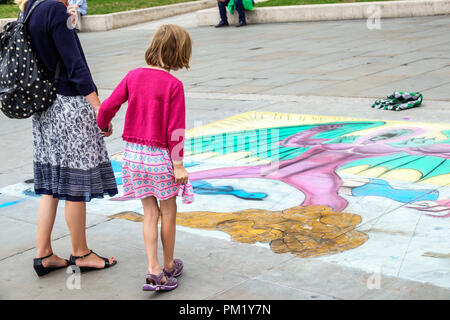 London England,UK,Trafalgar Square,National Gallery,plaza,street art,chalk pavement mural,woman female women,girl girls,kid kids child children youngs Stock Photo