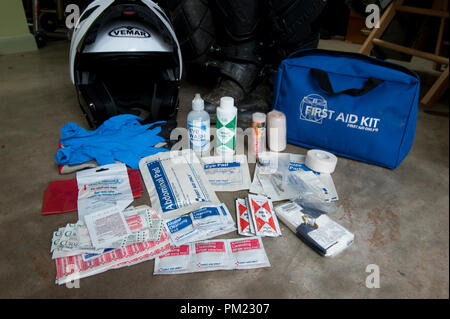 UNITED STATES - 2013: First aid kit for on and off road riding. Adventure touring by motorcycle is the fastest growing segment of the motorcycle indus Stock Photo