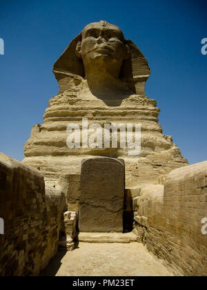 Close up views of the Great Sphinx of Giza, Egypt in a limited access area.  This is a major tourist destination and important archaeological site. Stock Photo
