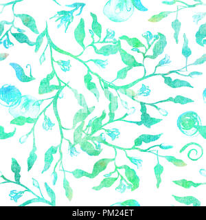 Seamless pattern with abstract branches and leaves in teal blue and green Stock Photo
