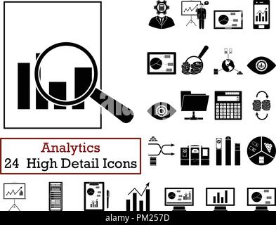 Set of 24  Analytics  Icons. Monochrome color design. Vector illustration. Stock Vector