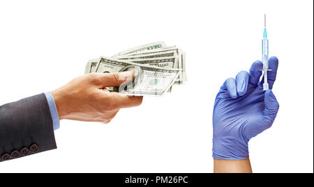 Man's hand in suit holding cash money and man's hand in medical glove with syringe isolated on white background. Medical and business concept. Close u Stock Photo