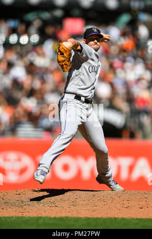 San Francisco, California, USA. 16th Sep, 2018. Colorado Rockies relief pitcher Chris Rusin (52) in action during the MLB game between the Colorado Rockies and the San Francisco Giants at AT&T Park in San Francisco, California. Chris Brown/CSM/Alamy Live News Stock Photo