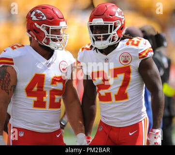 Pittsburgh, PA, USA. 16th Sep, 2018. Steelers #19 JuJu Smith-Schuster and  Kareem Hunt #27 during the Pittsburgh Steelers vs Kansas City Chiefs game  at Heinz Field in Pittsburgh, PA. Jason Pohuski/CSM/Alamy Live