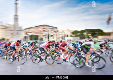 Madrid, Spain. 13th September, 2018.   La Vuelta 2018 - Stage 21. The cyclists peloton go through the colon plaza.  Pedro Ros Sogorb/Alamy Live News Credit: Pedro Ros/Alamy Live News Stock Photo