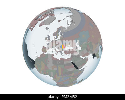 Romania on political globe with embedded flag. 3D illustration isolated on white background. Stock Photo