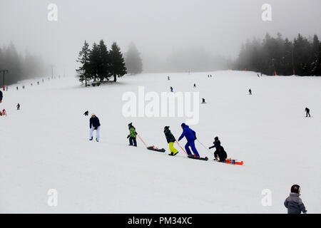 German people do skiing at Ruhestein Skilift, an ideal place for winter sport in Black Forest. Ruhestein Schänke, L401, Baiersbronn, Germany Stock Photo