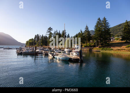 Port Alice, Northern Vancouver Island, BC, Canada - August 16, 2018: Beautiful view of the Marina during a vibrant sunny summer evening. Stock Photo
