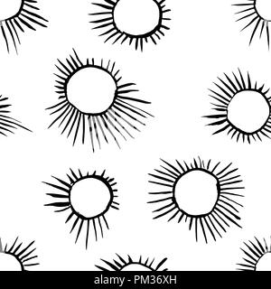 Hand draw black and white sun beam. Vector seamless pattern. Stock Vector