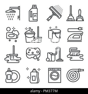 Cleaning service, icon set, services for cleaning and laundry in various rooms. Shower, glass wiper, sponge, soap, hose and more Stock Vector