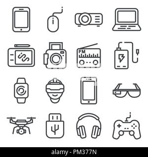 Devices and gadgets icons set. Usb flash drive, player, smart glasses and watches, tablet, drone notebook, radio, graphic tablet, joystick and more Stock Vector