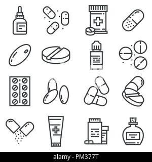 Pills and capsules icons set. Vector illustration. Pharmacy symbols. Eyedrops, Antidepressants, Pilule, Ointment and more Stock Vector