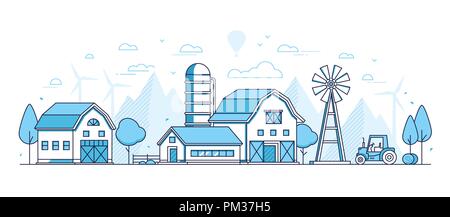 Organic farming - thin line design style vector illustration on white background. Blue colored image with windmill, barn, tractor, silage tower, silho Stock Vector