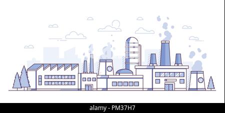 City factory - modern thin line design style vector illustration on white background. Purple colored composition with a big plant, pipes, smoke from c Stock Vector