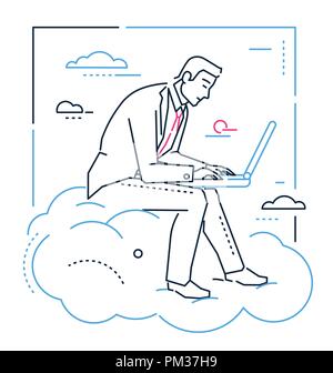 Businessman with a laptop - line design style illustration on white background. Young smart man sitting on a cloud working with a computer trying to a Stock Vector