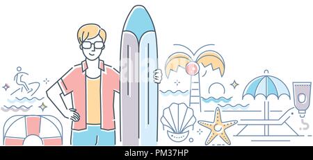 Surfing - modern colorful line design style illustration on white background. High quality composition with a young man, boy in sunglasses standing wi Stock Vector