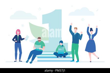 Business challenge - flat design style illustration on white background. A composition with cheerful office workers, businessman sitting on a big book Stock Vector