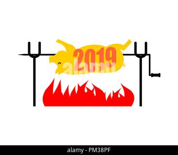 2019 New Year Symbol Pig on spit. Pork on fire. Pigs year in Chinese calendar Stock Vector