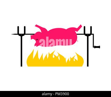Roasted Pig on spit. Pork on fire. Vector illustration Stock Vector