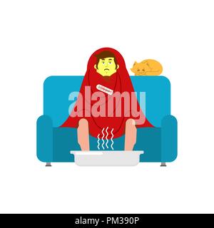Man sick sitting in armchair wrapped in blanket. Guy illness sneezing. Unhappy having flu sitting on sofa. vector illustration Stock Vector