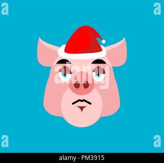 Sad Santa Pig Emoji. sorrowful Piggy. Farm animal. Christmas avatars Stock Vector