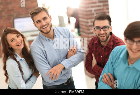 Smiling american team discussing business project during coffee  Stock Photo