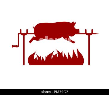 Roasted Pig on spit. Pork on fire. Vector illustration Stock Vector
