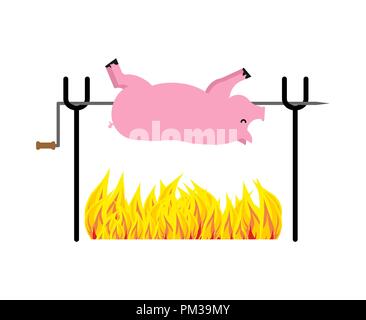Roasted Pig on spit. Pork on fire. Vector illustration Stock Vector