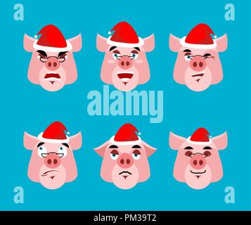 Santa Pig Emoji set. Face collection. Good and evil. Cheerful and sad. Sleepy and stupid. head of piggy. Christmas avatars Stock Vector