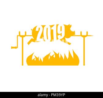 2019 New Year Symbol Pig on spit. Pork on fire. Pigs year in Chinese calendar Stock Vector