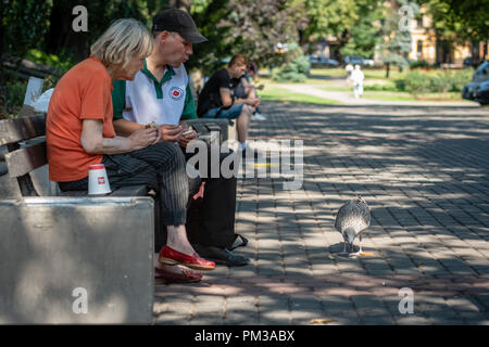 RIGA, LATVIA - JULY 31, 2018: A couple of older people sitting in the city park on a bench and feeding the gull. Stock Photo