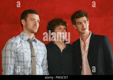 Justin Timberlake, Jesse Eisenberg and Andrew Garfield  'The Social Network'  Portrait Session, July 1, 2010. Reproduction by American tabloids is absolutely forbidden. File Reference # 30327 008JRC  For Editorial Use Only -  All Rights Reserved Stock Photo