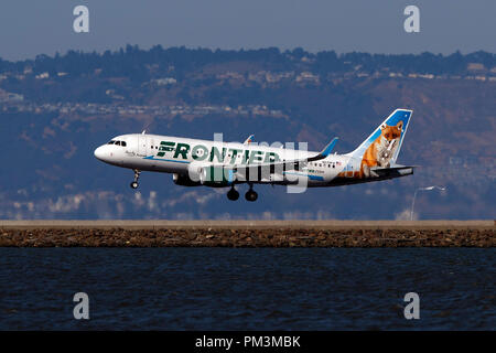 N229fr A Frontier Airlines Airbus A320 passenger airplane taxis to the runway ...
