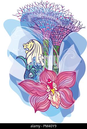 Print with orchid flower, merlion and Gardens by the Bay on transparent blue backdrop Stock Vector