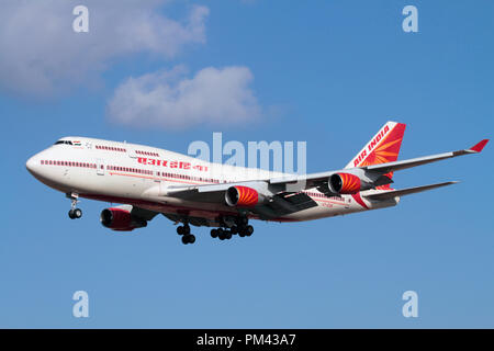 Air India Boeing 747-400 jumbo jet plane flying on approach. Long haul air travel. Stock Photo