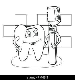 Cartoon Illustration of Happy Tooth Character with Toothbrush Coloring Book Stock Vector