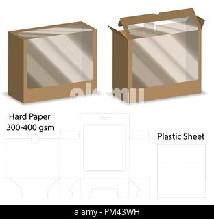 box with plastic window mockup with dieline Stock Vector