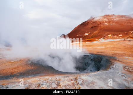 Namafjall hverir geothermal area. Landscape which pools of boiling mud and hot springs. Tourist and natural attractions in Iceland Stock Photo