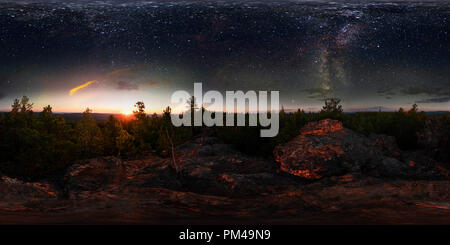 Dawn in the forest under the starry sky a milky way. 360 vr degree spherical panorama Stock Photo