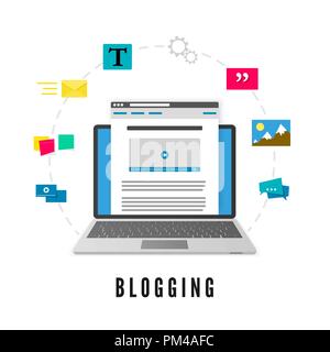 Development and publication blog post. Website development. Blogging concept. Vector illustration isolated on white background Stock Vector