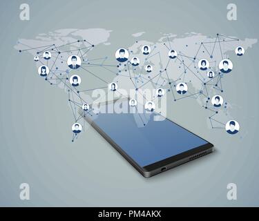 Global social network. Mobile chat. Network connection. Access to global network in mobile app. Modern World Wide Web or Internet concept. Vector illu Stock Vector