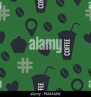 Seamless pattern of coffee. Vector illustration of stickers isolated on a green background. Stock Vector