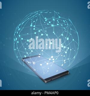 Abstract network hologram over smartphone screen. Social media concept. Technology of Internet communication using smartphone. Vector illustration Stock Vector