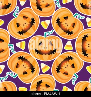 Jack lantern Happy Halloween jackolantern seamless pattern.Vector illustration isolated on purple background. Stock Vector