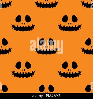 Happy Halloween silhouette black easy jackolantern seamless pattern. Vector illustration isolated on orange background. Stock Vector