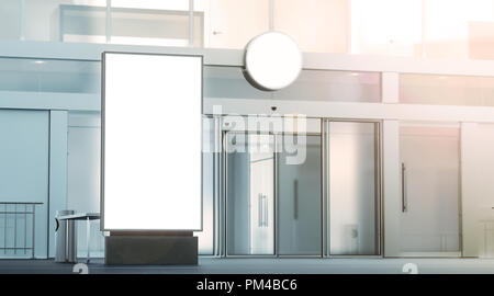 Blank white pylon mockup stand on street exterior, depth of field effect, 3d rendering. Empty advertising poster on background of business centre mock up. Clear outdoor lightboxand commercial building Stock Photo