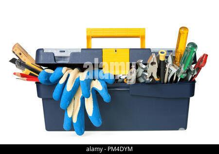 Plastic workbox with assorted tools on white background Stock Photo